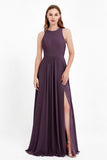 Jewel Neck Chiffon Bridesmaid Gowns Formal Evening Party Dresses A Line with Slit