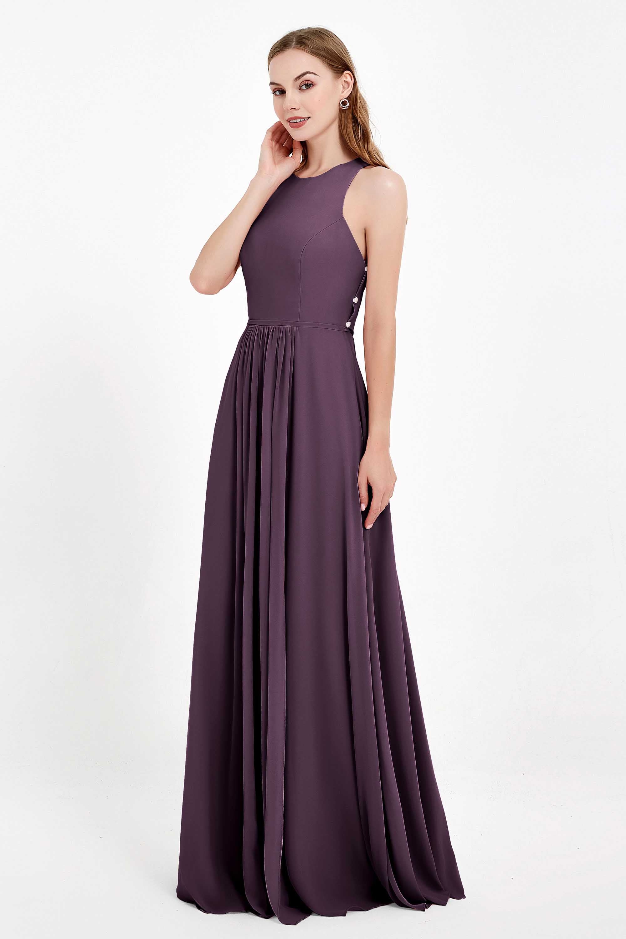 Jewel Neck Chiffon Bridesmaid Gowns Formal Evening Party Dresses A Line with Slit