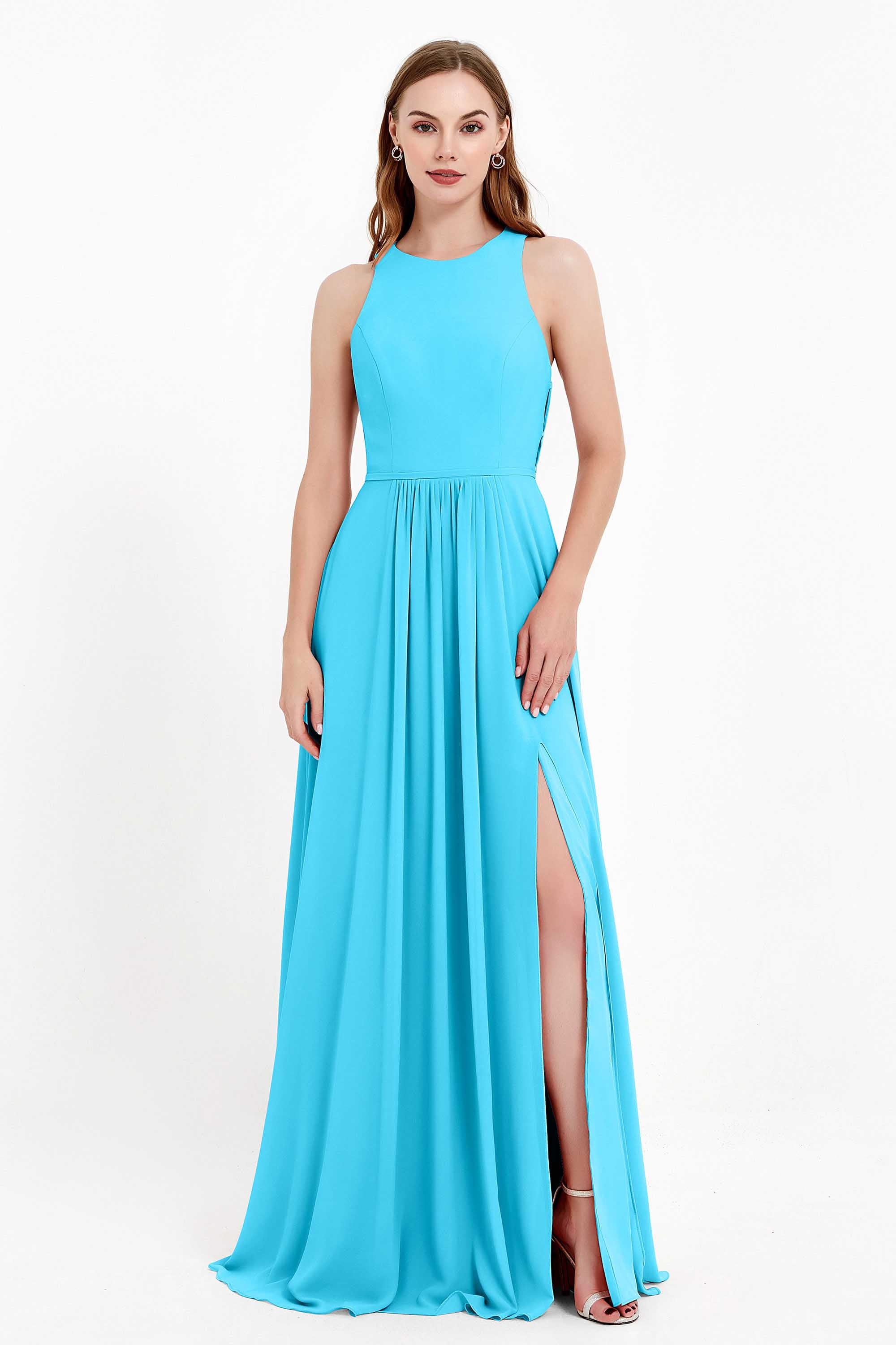 Jewel Neck Chiffon Bridesmaid Gowns Formal Evening Party Dresses A Line with Slit