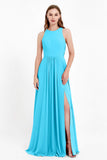 Jewel Neck Chiffon Bridesmaid Gowns Formal Evening Party Dresses A Line with Slit