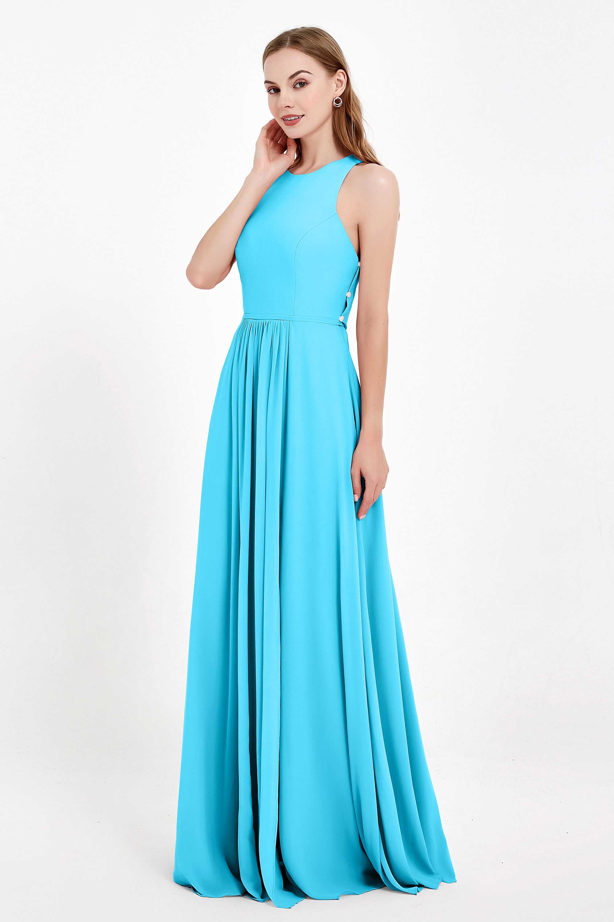 Jewel Neck Chiffon Bridesmaid Gowns Formal Evening Party Dresses A Line with Slit