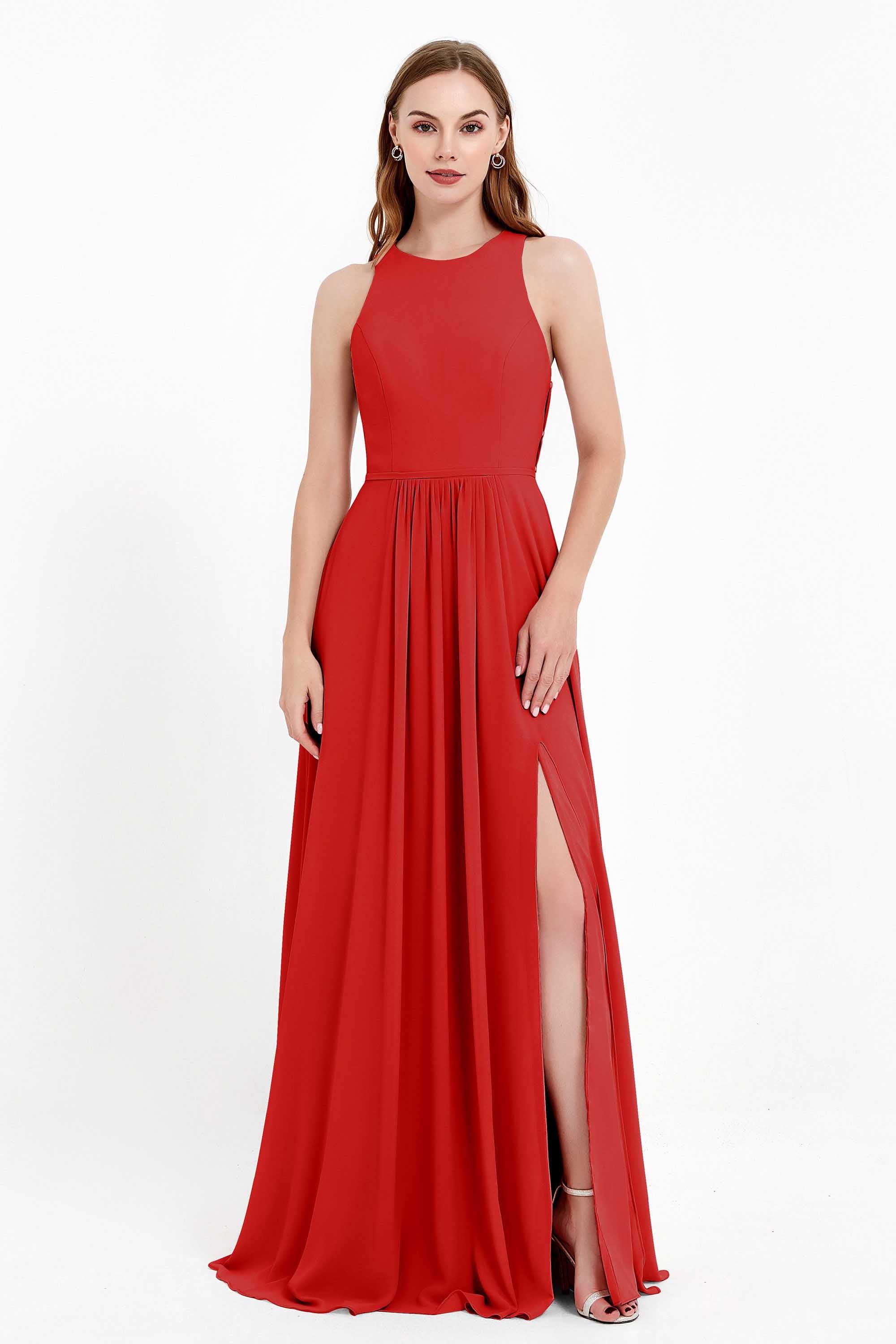 Jewel Neck Chiffon Bridesmaid Gowns Formal Evening Party Dresses A Line with Slit
