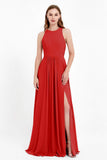 Jewel Neck Chiffon Bridesmaid Gowns Formal Evening Party Dresses A Line with Slit