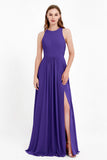 Jewel Neck Chiffon Bridesmaid Gowns Formal Evening Party Dresses A Line with Slit