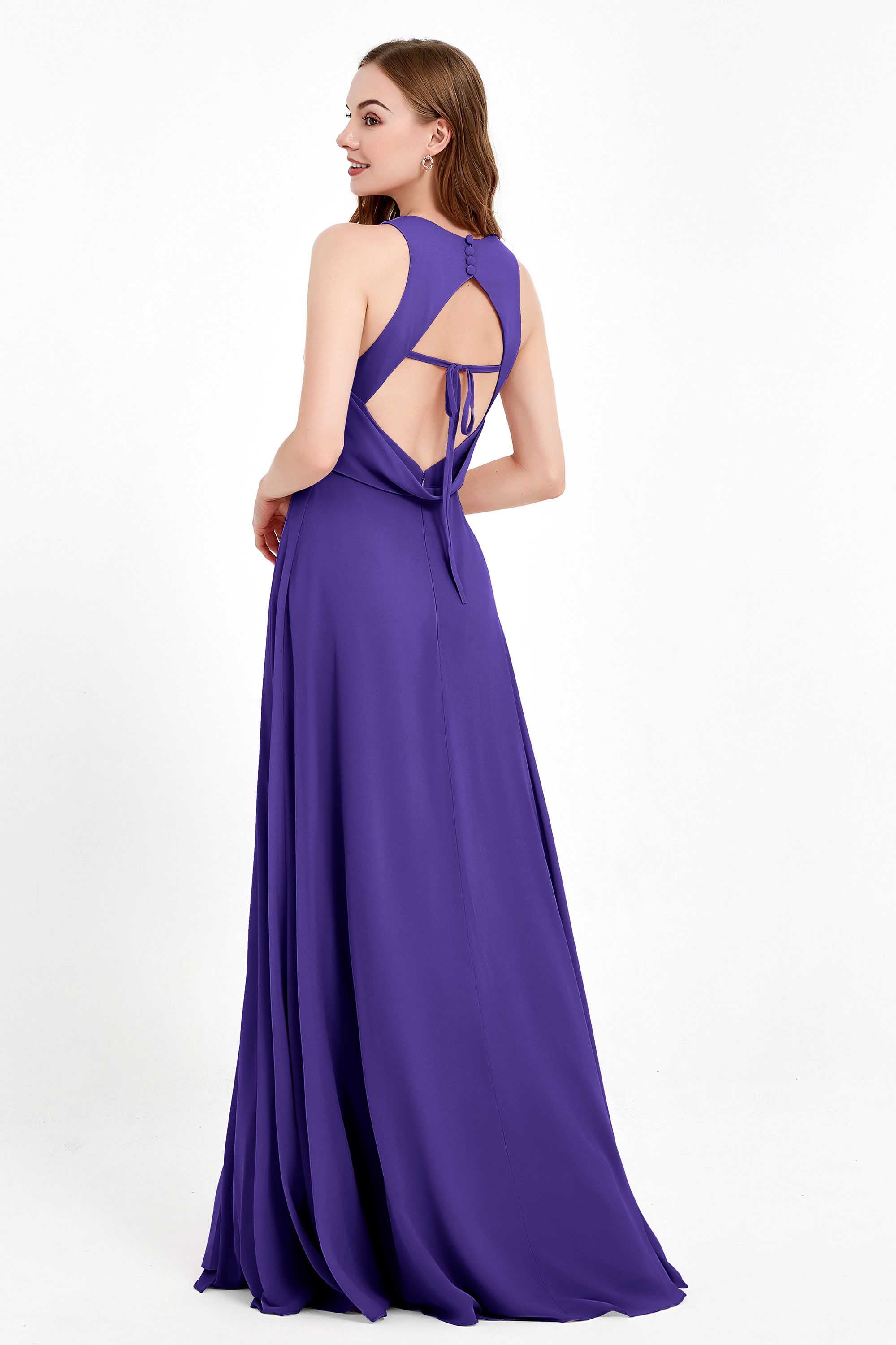 Jewel Neck Chiffon Bridesmaid Gowns Formal Evening Party Dresses A Line with Slit