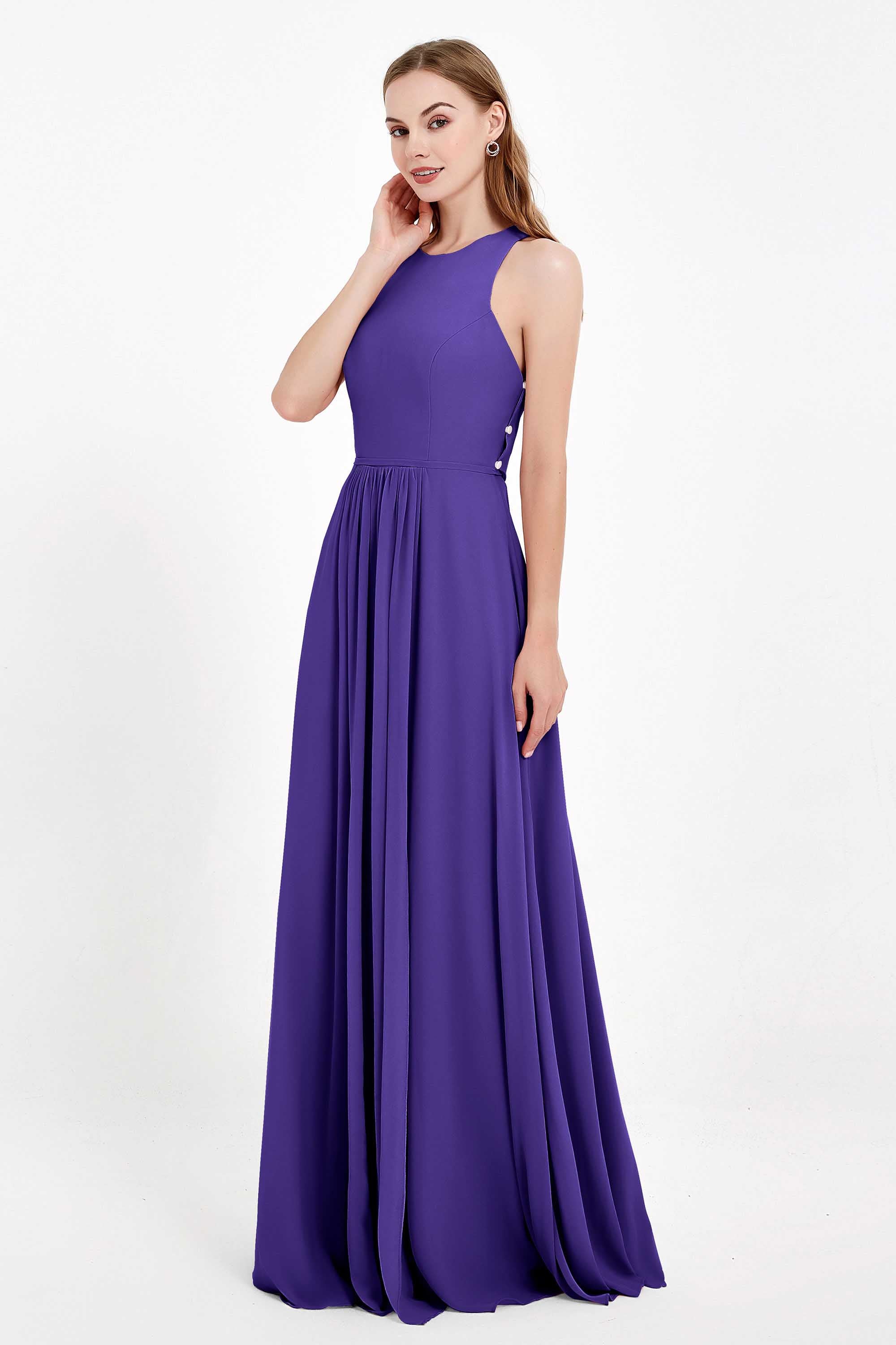 Jewel Neck Chiffon Bridesmaid Gowns Formal Evening Party Dresses A Line with Slit