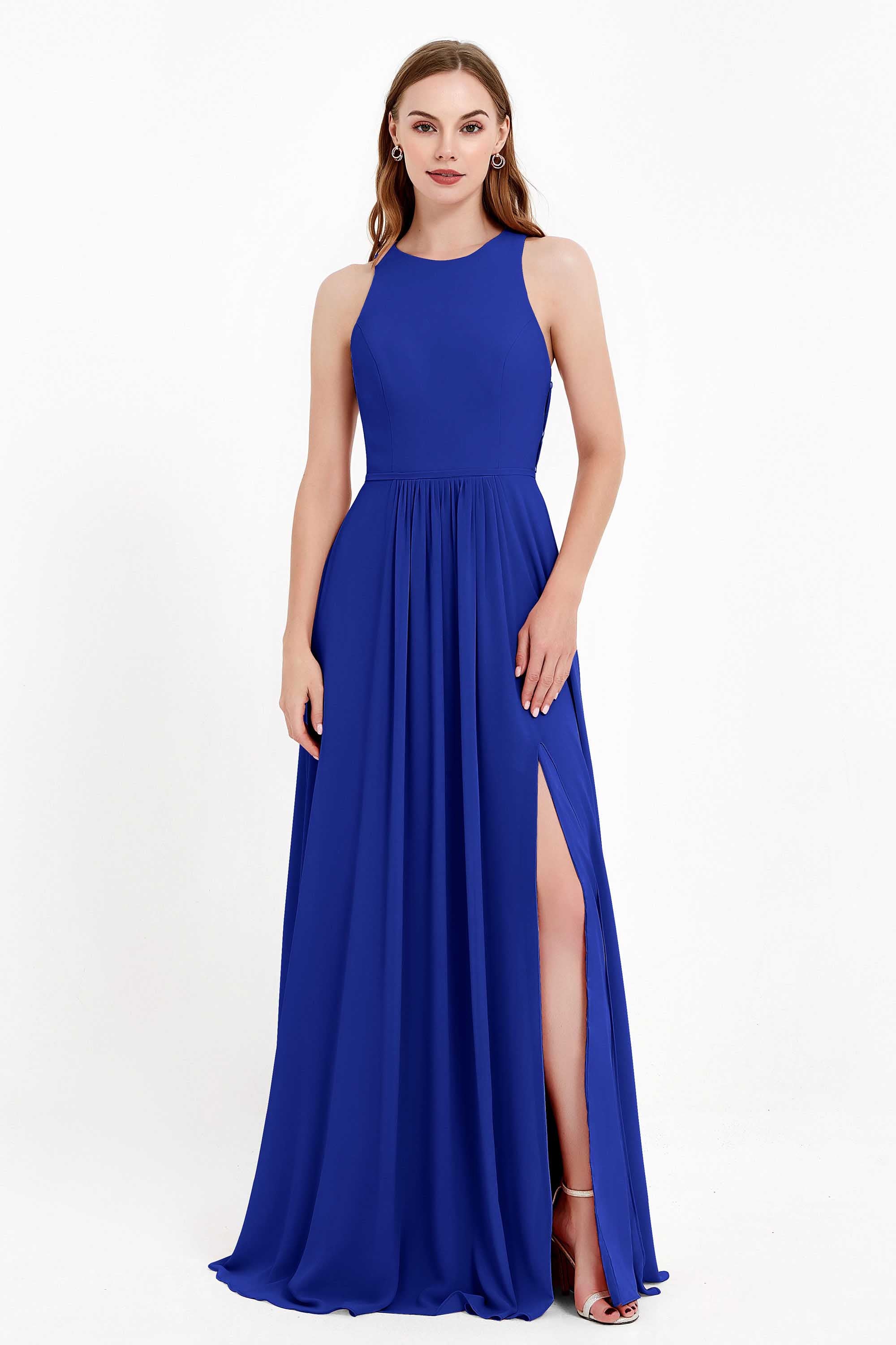 Jewel Neck Chiffon Bridesmaid Gowns Formal Evening Party Dresses A Line with Slit
