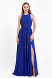 Jewel Neck Chiffon Bridesmaid Gowns Formal Evening Party Dresses A Line with Slit