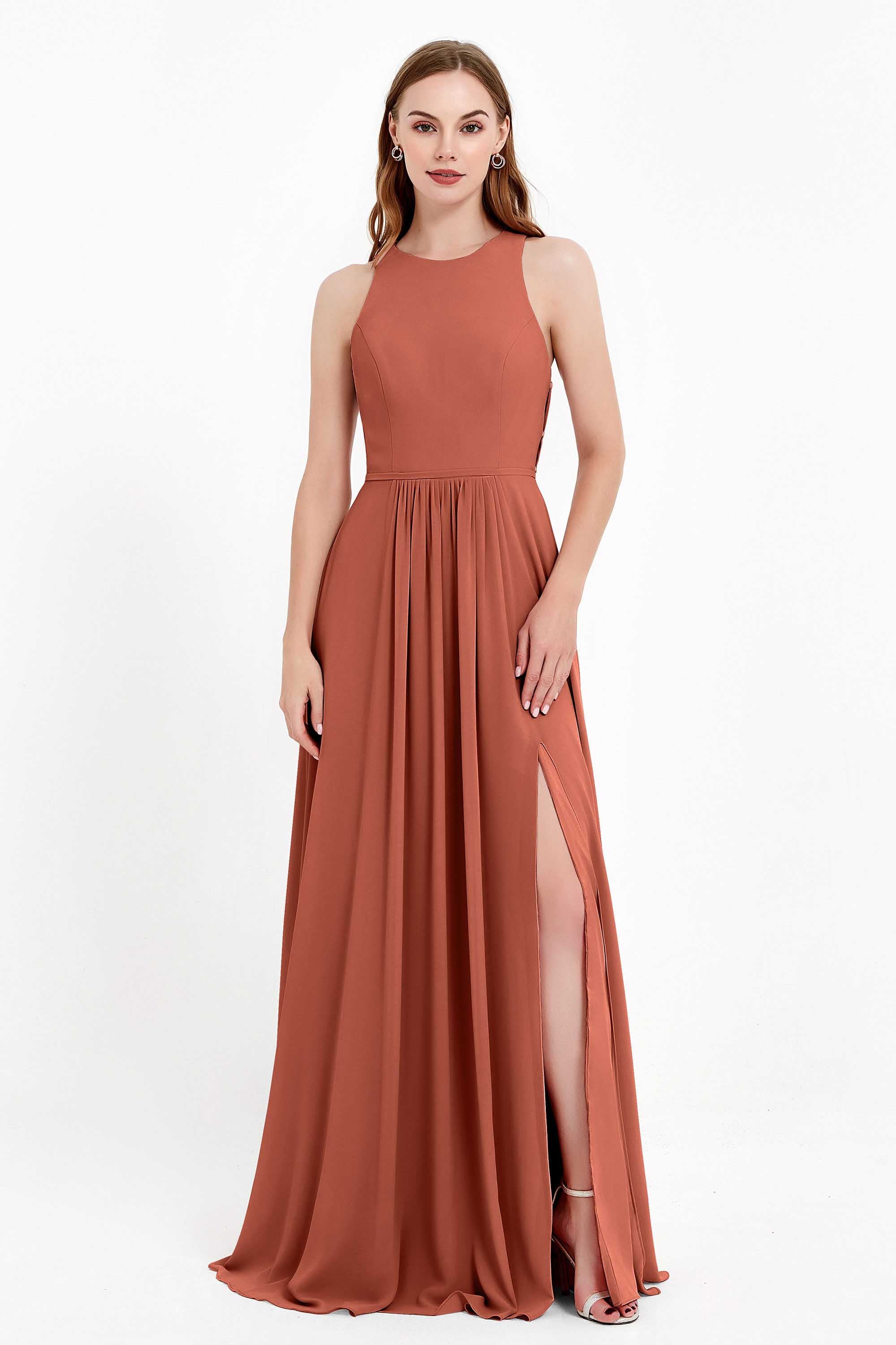 Jewel Neck Chiffon Bridesmaid Gowns Formal Evening Party Dresses A Line with Slit