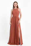 Jewel Neck Chiffon Bridesmaid Gowns Formal Evening Party Dresses A Line with Slit