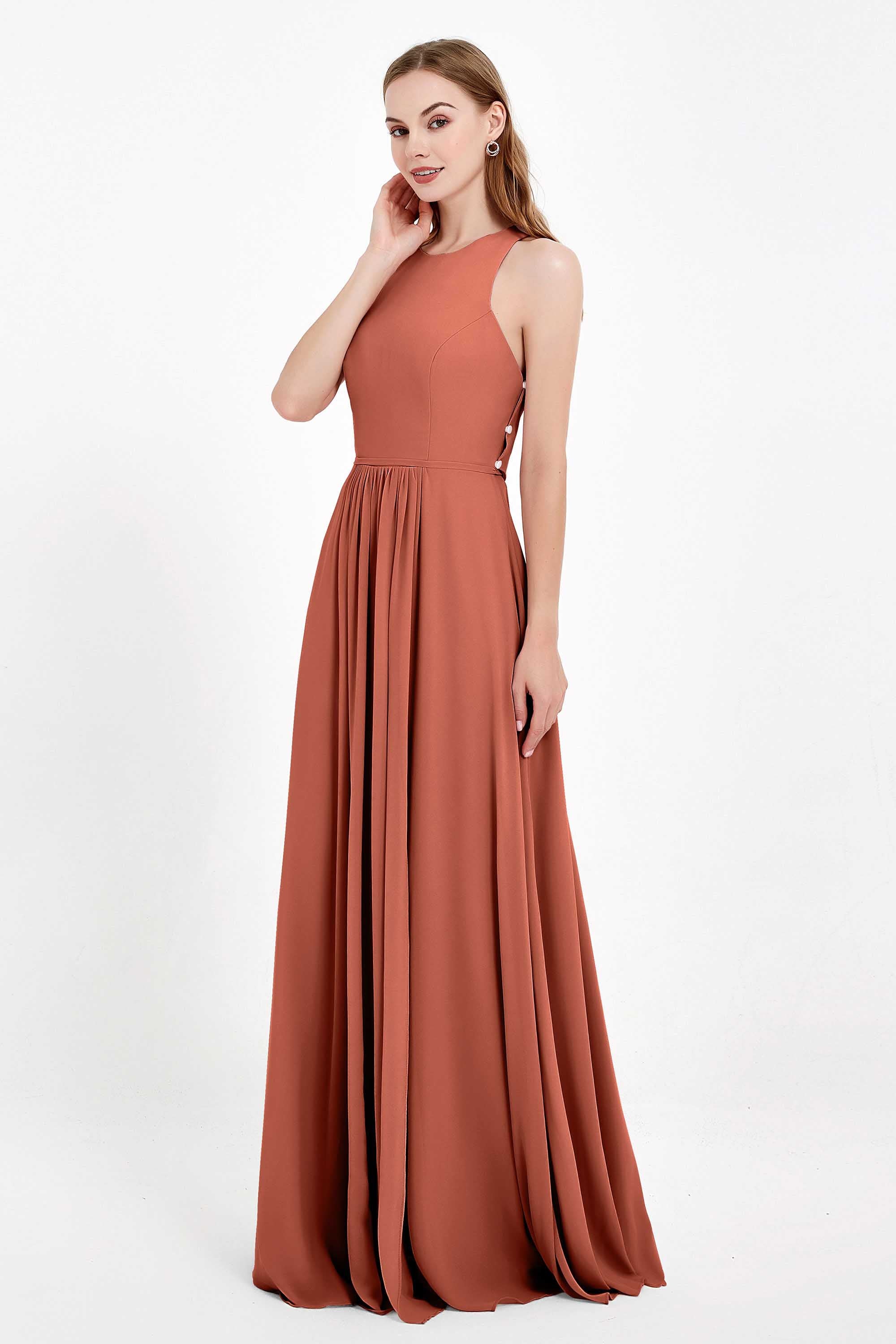 Jewel Neck Chiffon Bridesmaid Gowns Formal Evening Party Dresses A Line with Slit