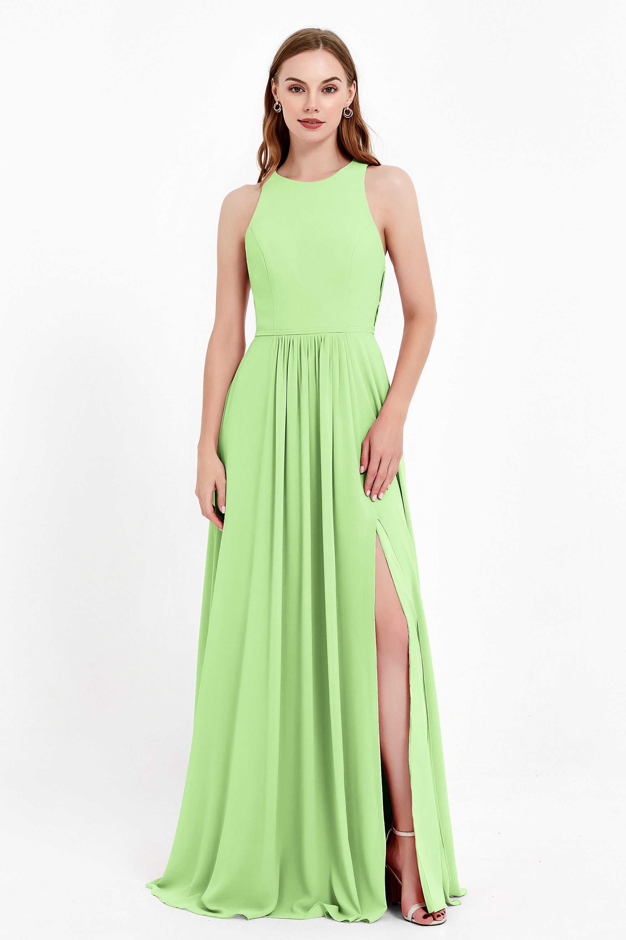 Jewel Neck Chiffon Bridesmaid Gowns Formal Evening Party Dresses A Line with Slit