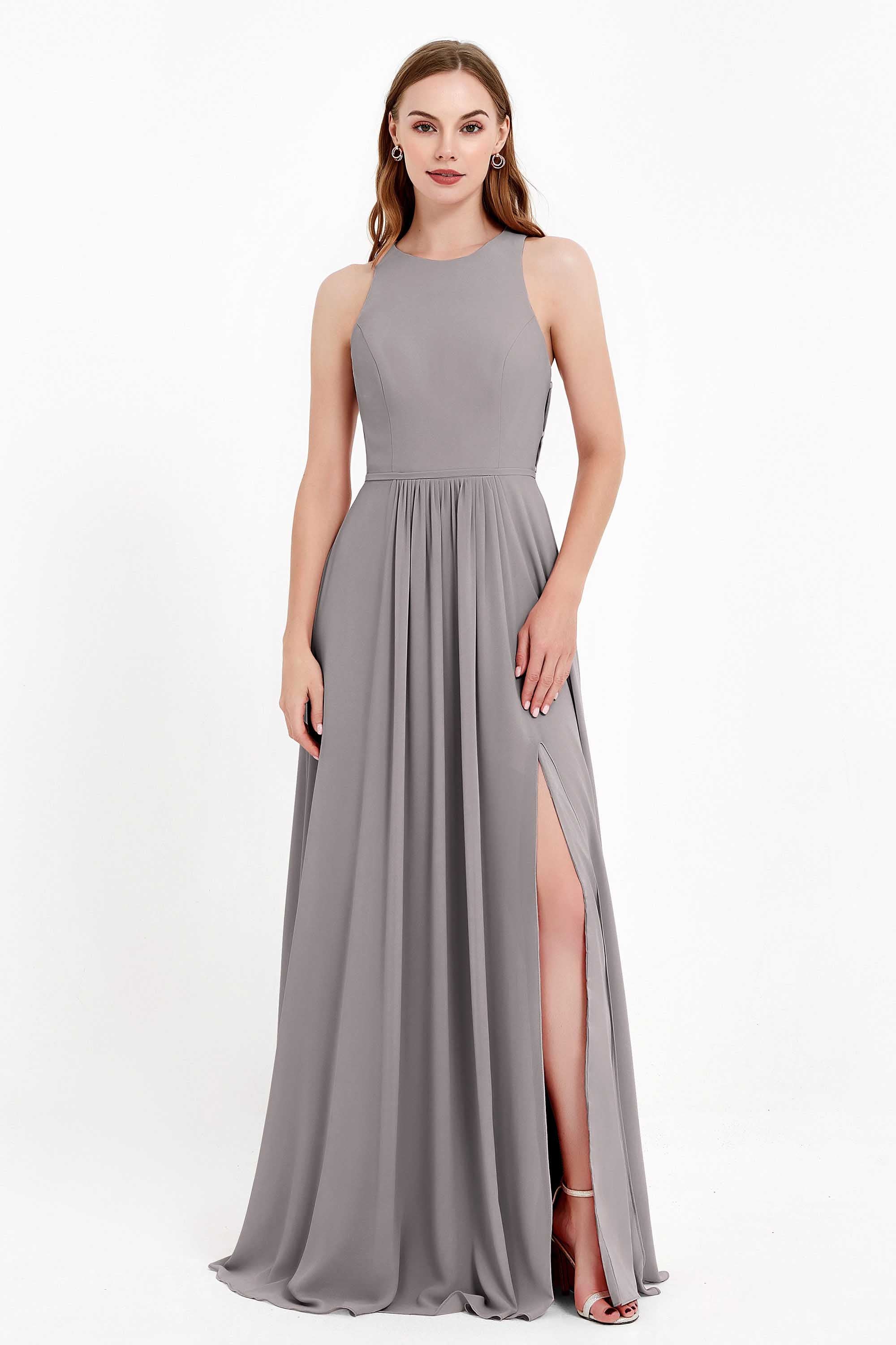 Jewel Neck Chiffon Bridesmaid Gowns Formal Evening Party Dresses A Line with Slit