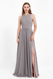 Jewel Neck Chiffon Bridesmaid Gowns Formal Evening Party Dresses A Line with Slit