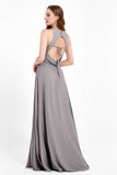 Jewel Neck Chiffon Bridesmaid Gowns Formal Evening Party Dresses A Line with Slit