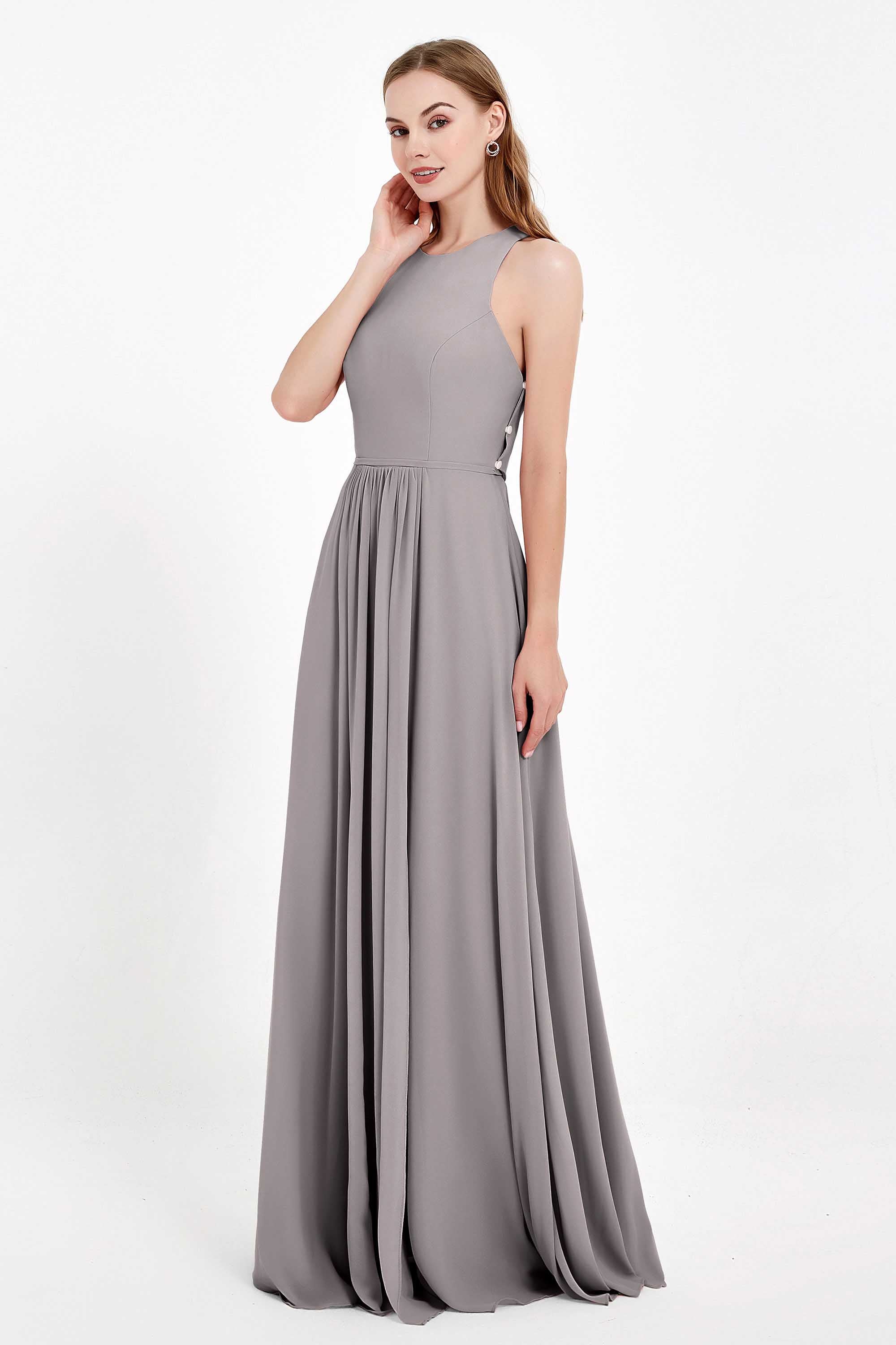 Jewel Neck Chiffon Bridesmaid Gowns Formal Evening Party Dresses A Line with Slit