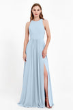 Jewel Neck Chiffon Bridesmaid Gowns Formal Evening Party Dresses A Line with Slit