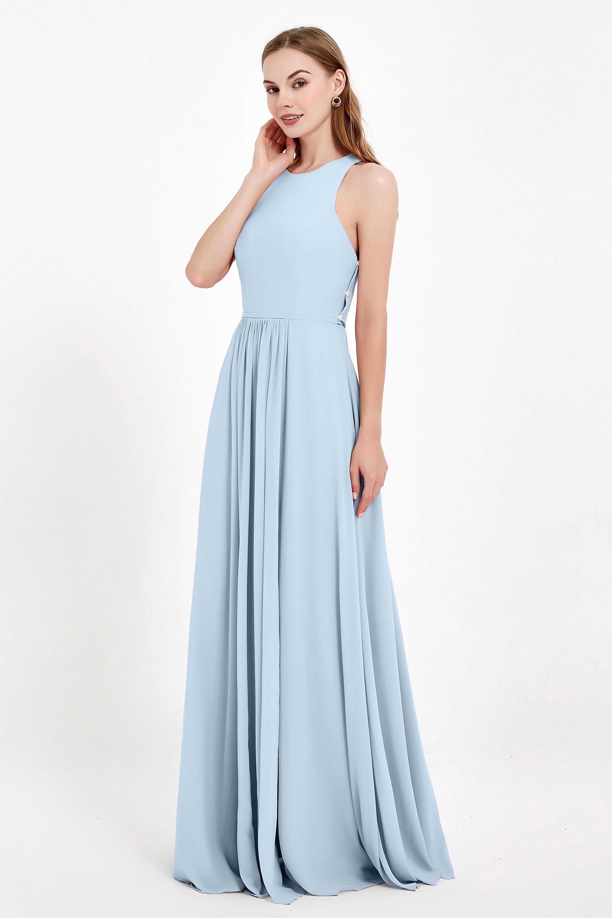 Jewel Neck Chiffon Bridesmaid Gowns Formal Evening Party Dresses A Line with Slit