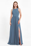 Jewel Neck Chiffon Bridesmaid Gowns Formal Evening Party Dresses A Line with Slit