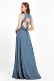 Jewel Neck Chiffon Bridesmaid Gowns Formal Evening Party Dresses A Line with Slit