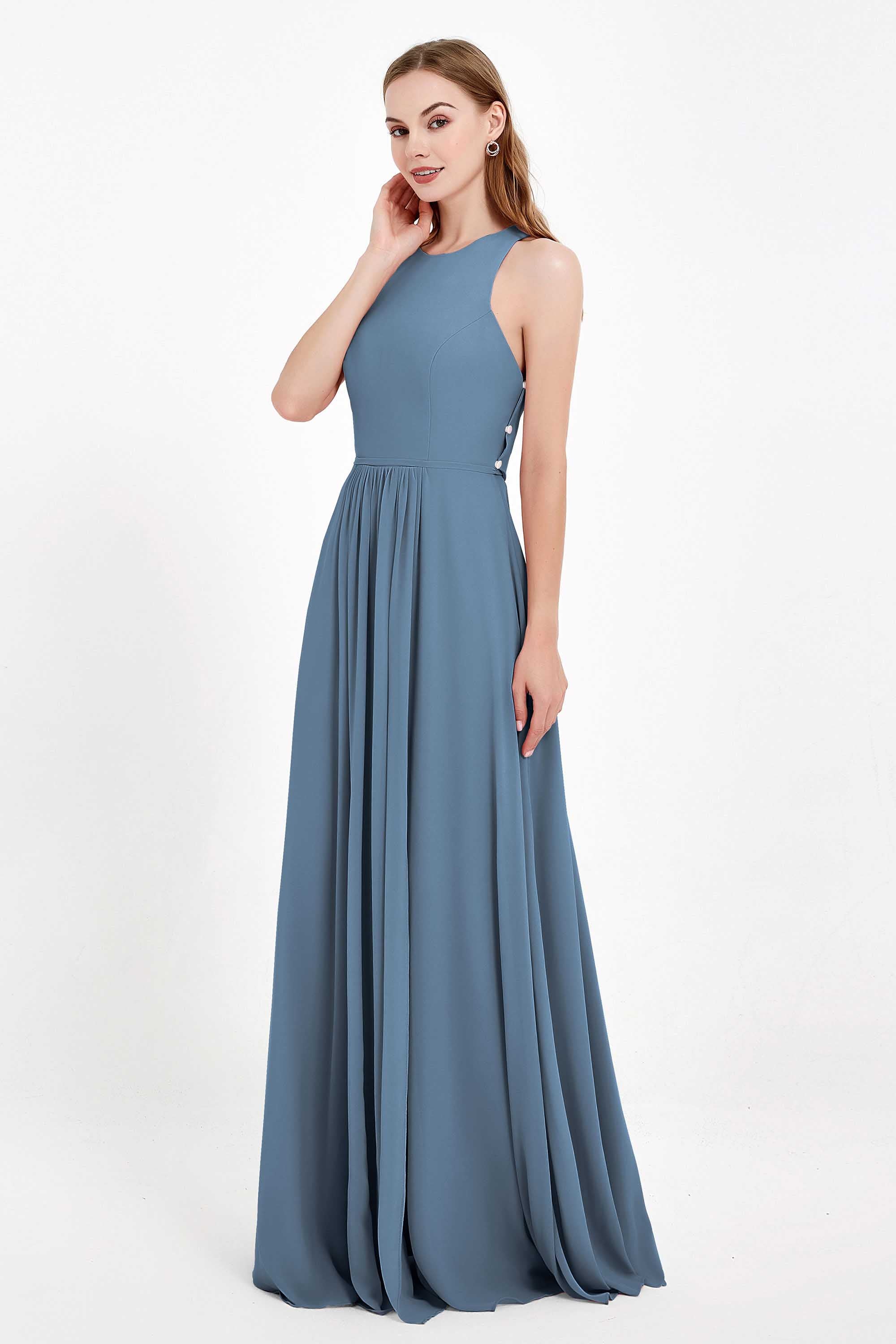 Jewel Neck Chiffon Bridesmaid Gowns Formal Evening Party Dresses A Line with Slit