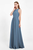 Jewel Neck Chiffon Bridesmaid Gowns Formal Evening Party Dresses A Line with Slit