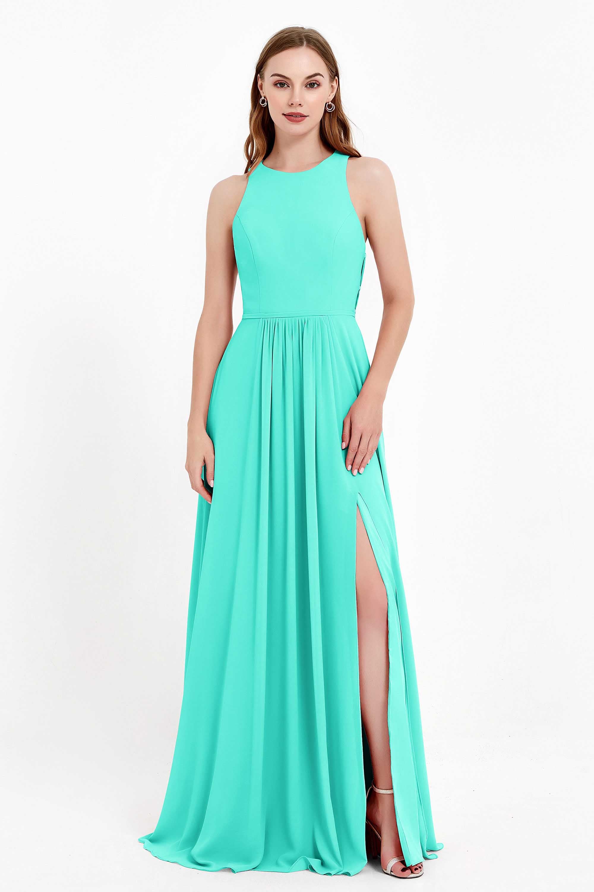 Jewel Neck Chiffon Bridesmaid Gowns Formal Evening Party Dresses A Line with Slit