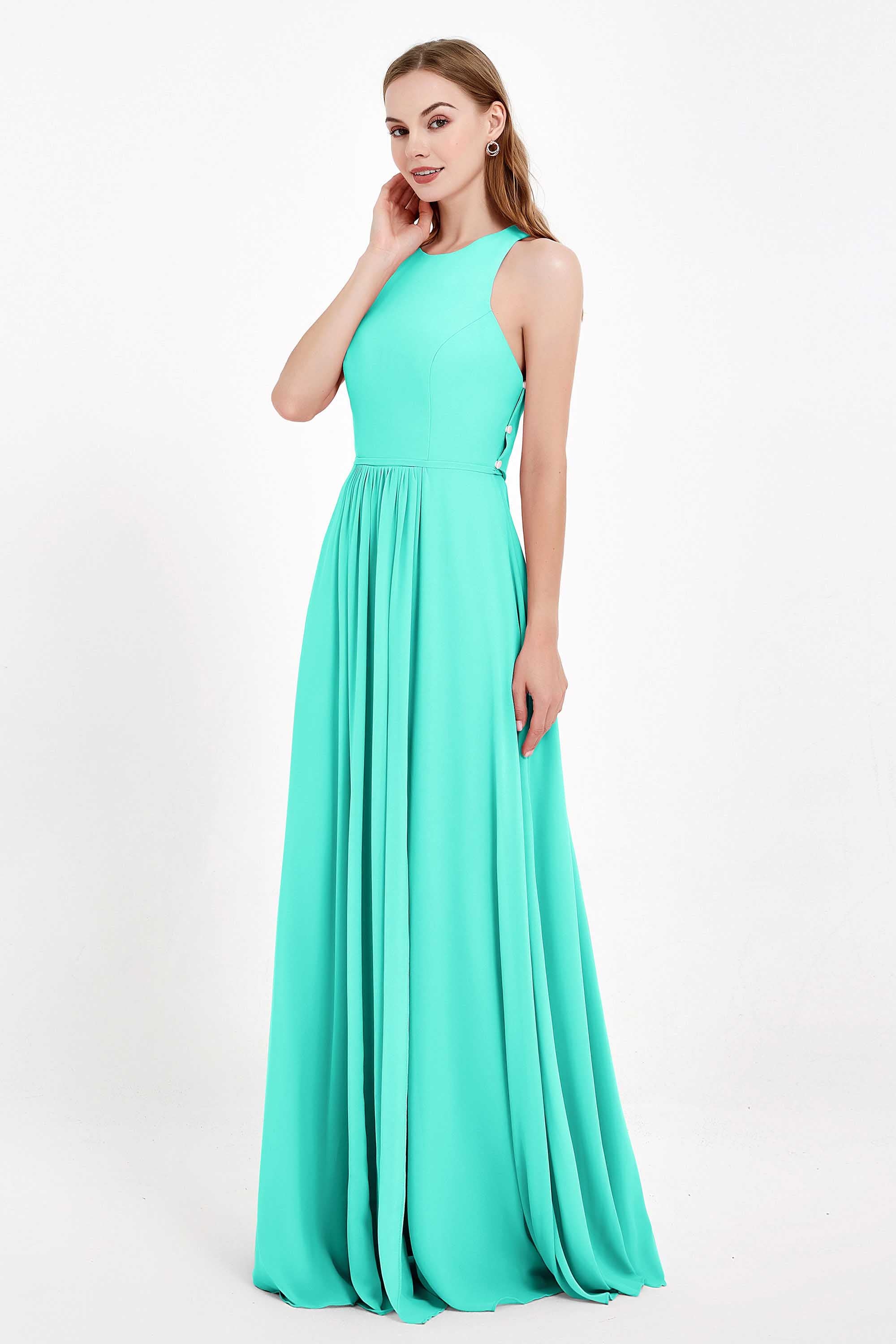Jewel Neck Chiffon Bridesmaid Gowns Formal Evening Party Dresses A Line with Slit