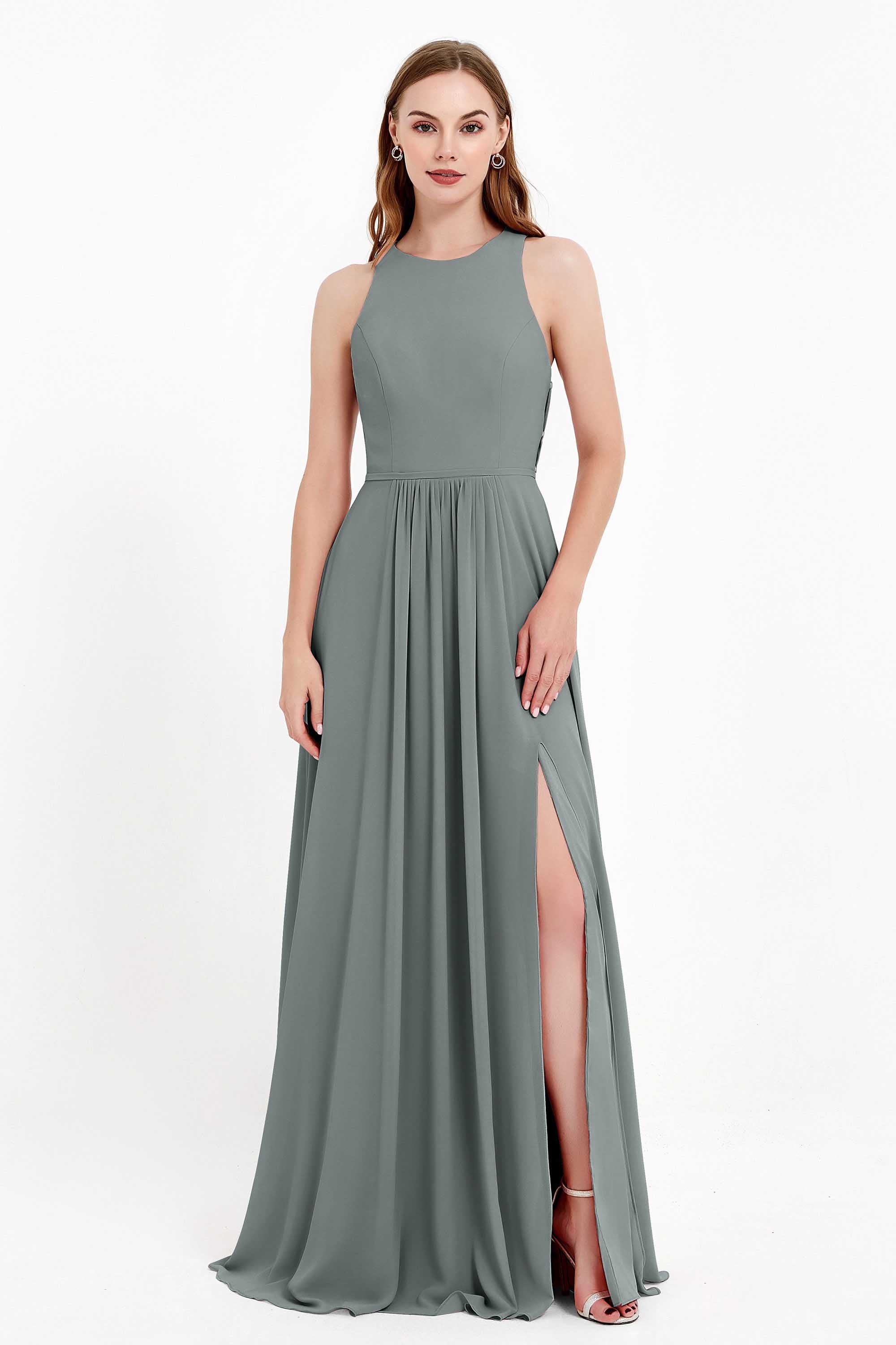Jewel Neck Chiffon Bridesmaid Gowns Formal Evening Party Dresses A Line with Slit