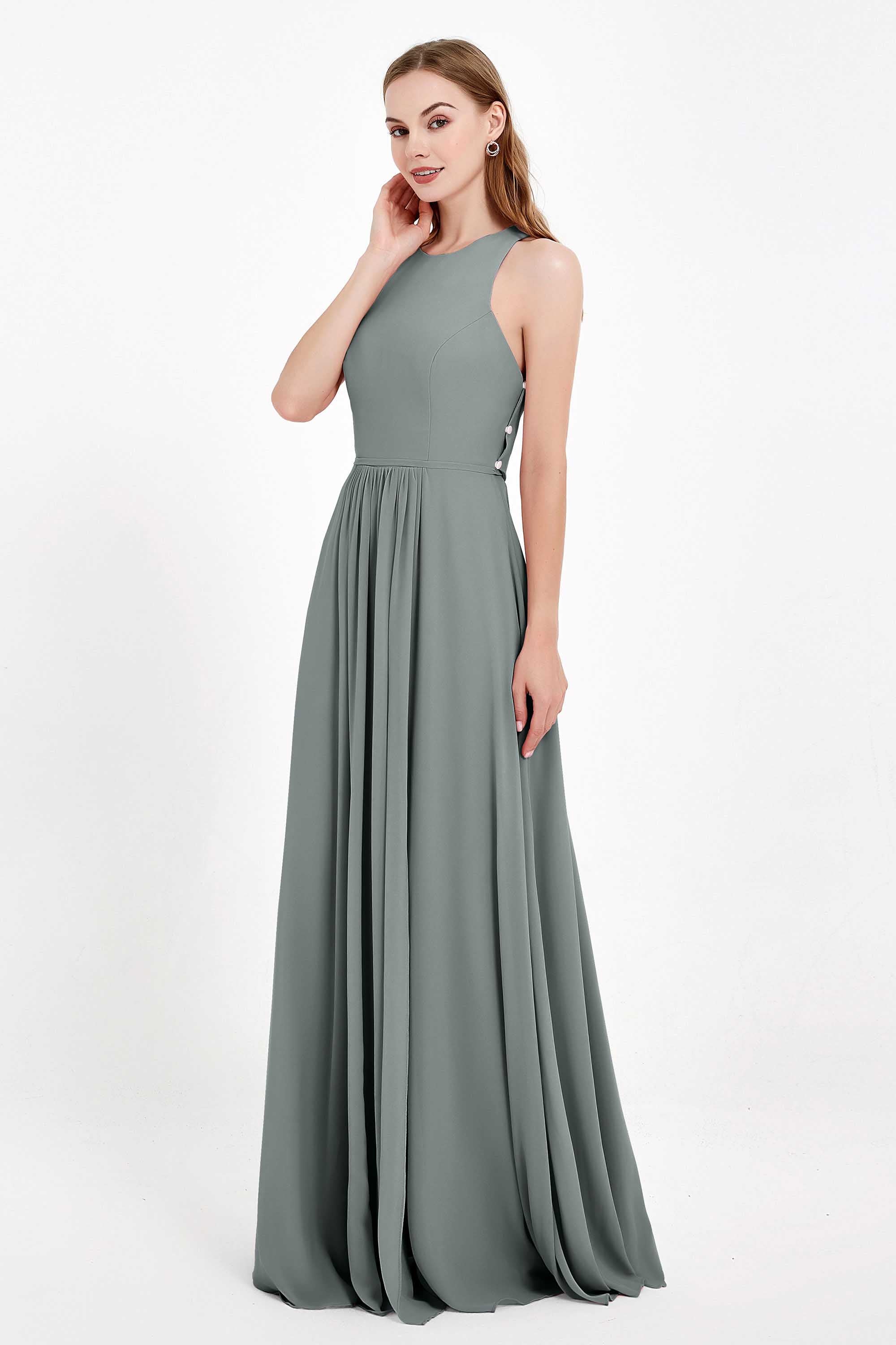 Jewel Neck Chiffon Bridesmaid Gowns Formal Evening Party Dresses A Line with Slit
