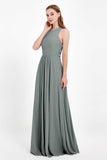 Jewel Neck Chiffon Bridesmaid Gowns Formal Evening Party Dresses A Line with Slit