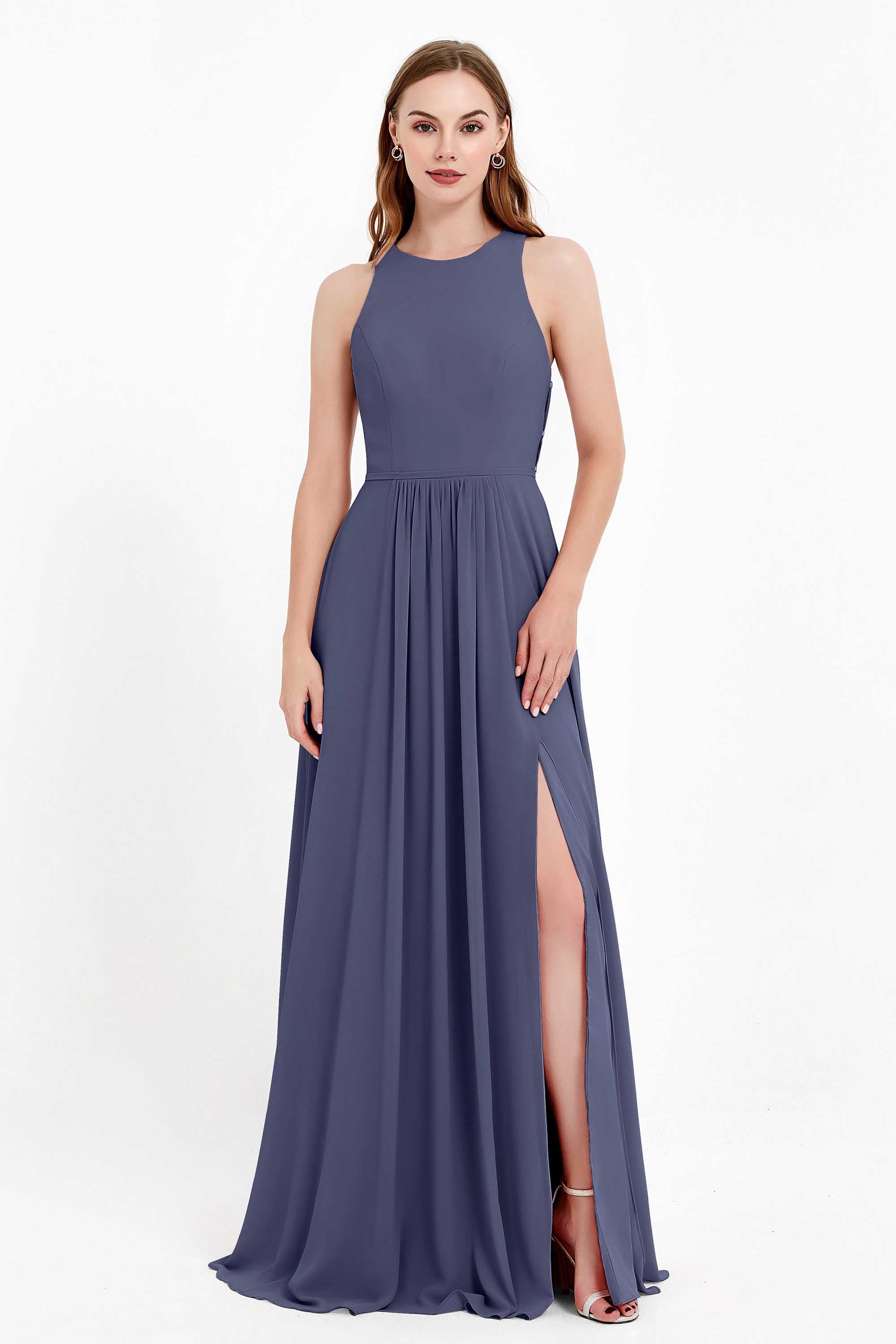 Jewel Neck Chiffon Bridesmaid Gowns Formal Evening Party Dresses A Line with Slit