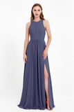 Jewel Neck Chiffon Bridesmaid Gowns Formal Evening Party Dresses A Line with Slit