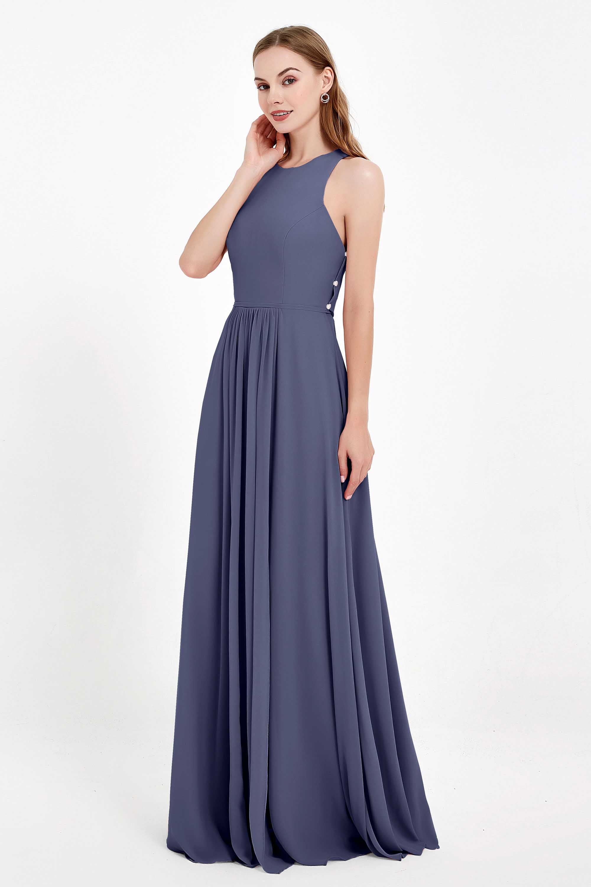 Jewel Neck Chiffon Bridesmaid Gowns Formal Evening Party Dresses A Line with Slit
