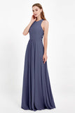 Jewel Neck Chiffon Bridesmaid Gowns Formal Evening Party Dresses A Line with Slit