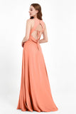 Jewel Neck Chiffon Bridesmaid Gowns Formal Evening Party Dresses A Line with Slit