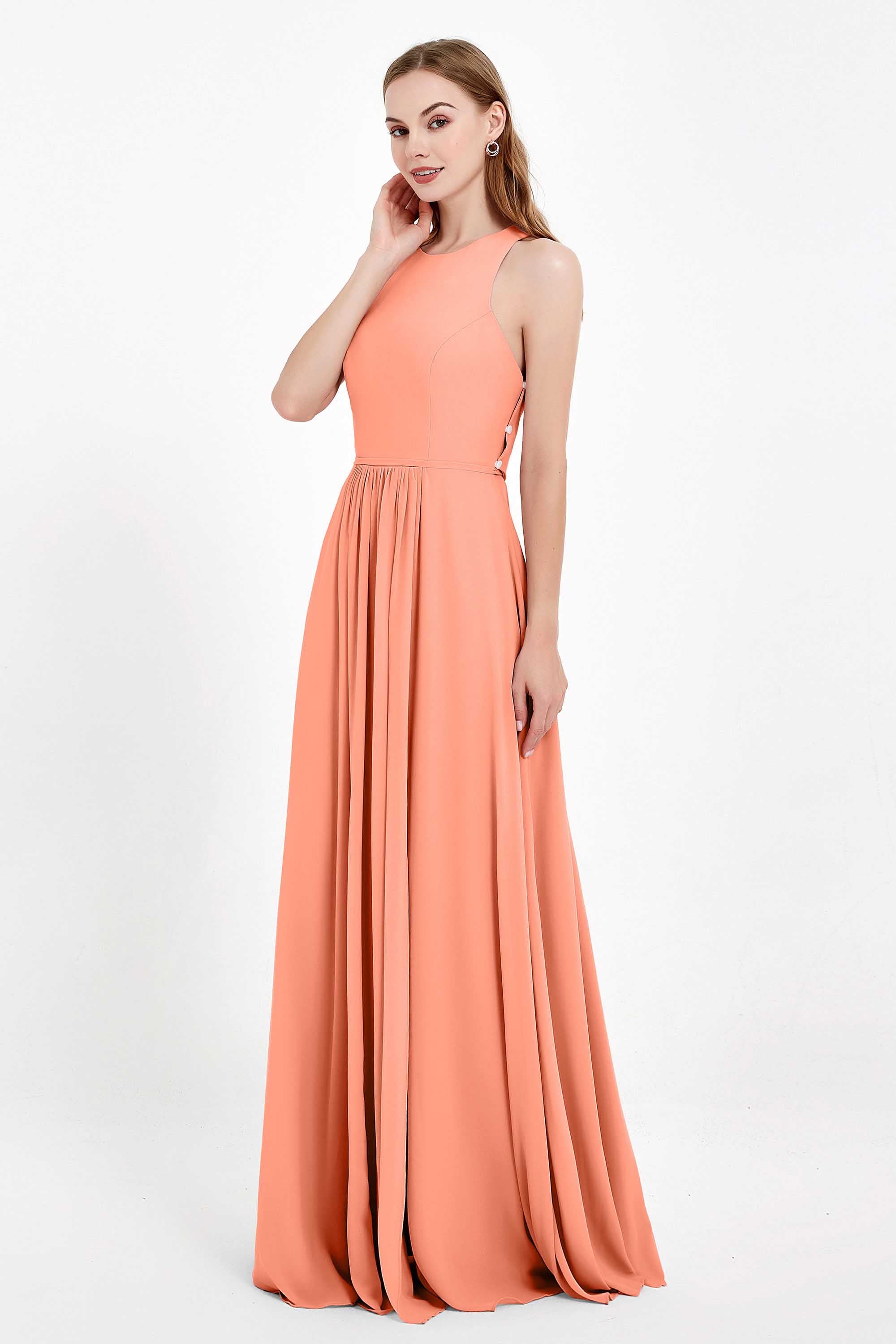 Jewel Neck Chiffon Bridesmaid Gowns Formal Evening Party Dresses A Line with Slit