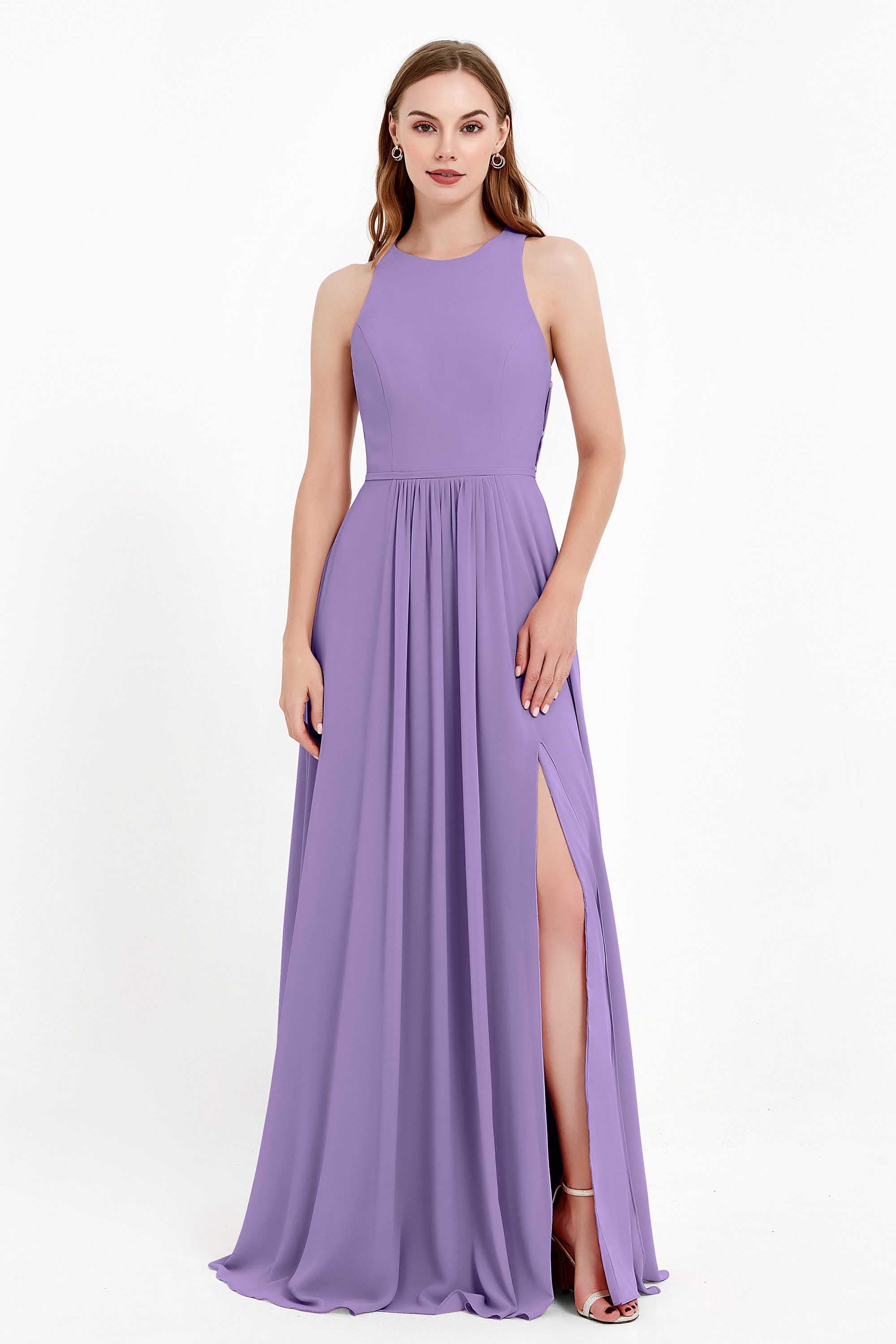 Jewel Neck Chiffon Bridesmaid Gowns Formal Evening Party Dresses A Line with Slit