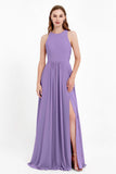Jewel Neck Chiffon Bridesmaid Gowns Formal Evening Party Dresses A Line with Slit