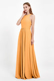 Jewel Neck Chiffon Bridesmaid Gowns Formal Evening Party Dresses A Line with Slit