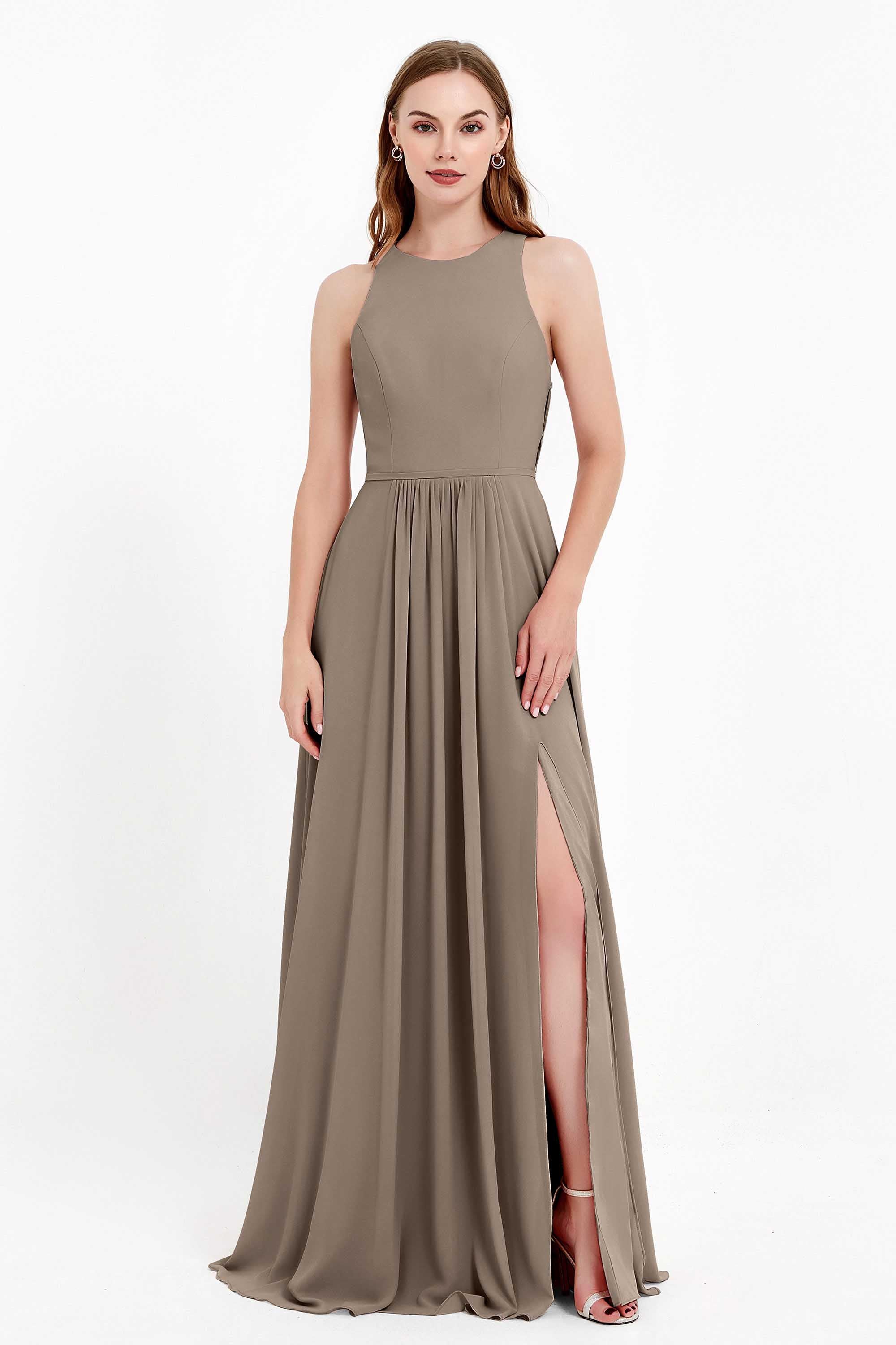 Jewel Neck Chiffon Bridesmaid Gowns Formal Evening Party Dresses A Line with Slit