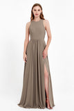 Jewel Neck Chiffon Bridesmaid Gowns Formal Evening Party Dresses A Line with Slit