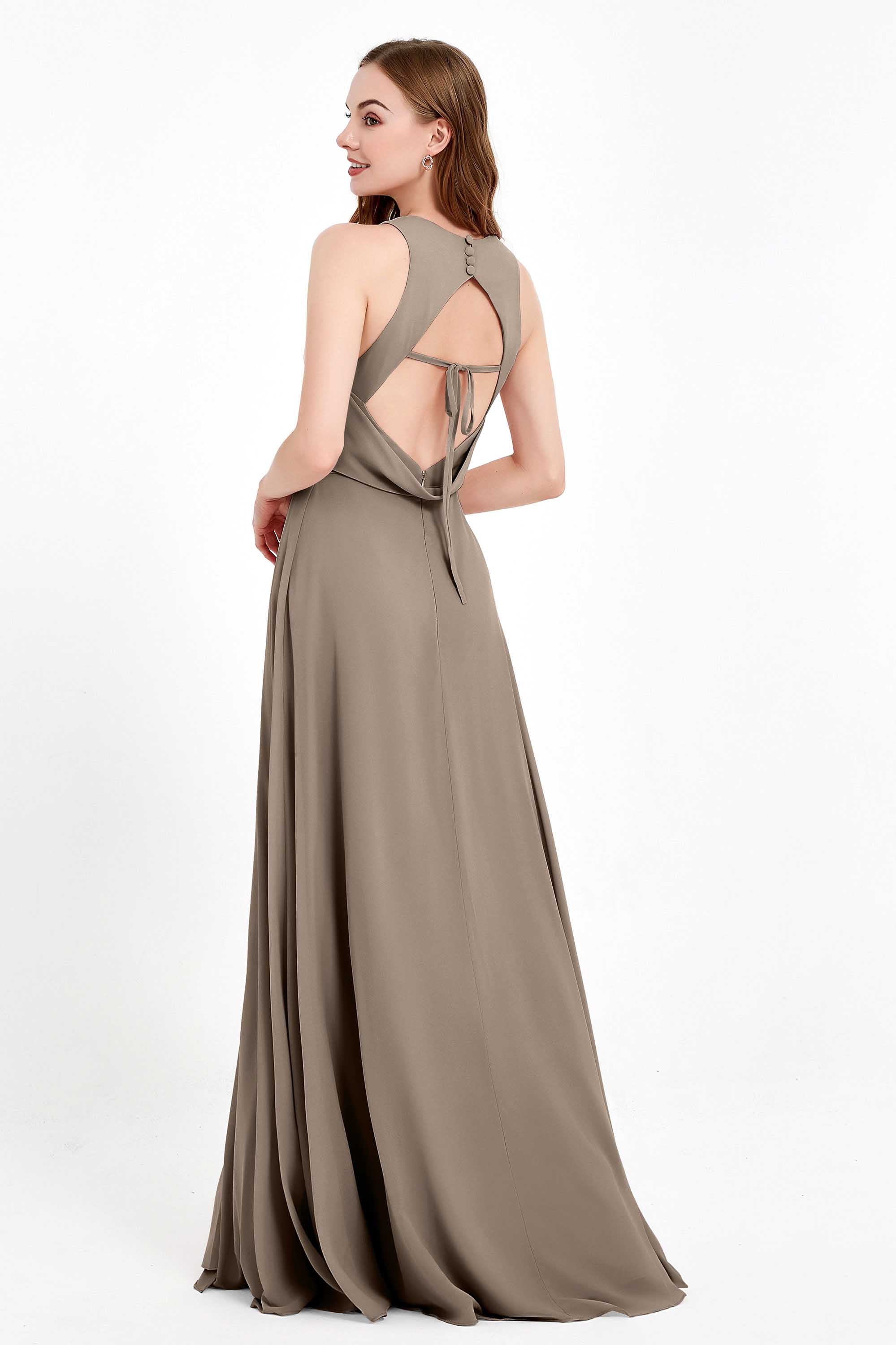 Jewel Neck Chiffon Bridesmaid Gowns Formal Evening Party Dresses A Line with Slit