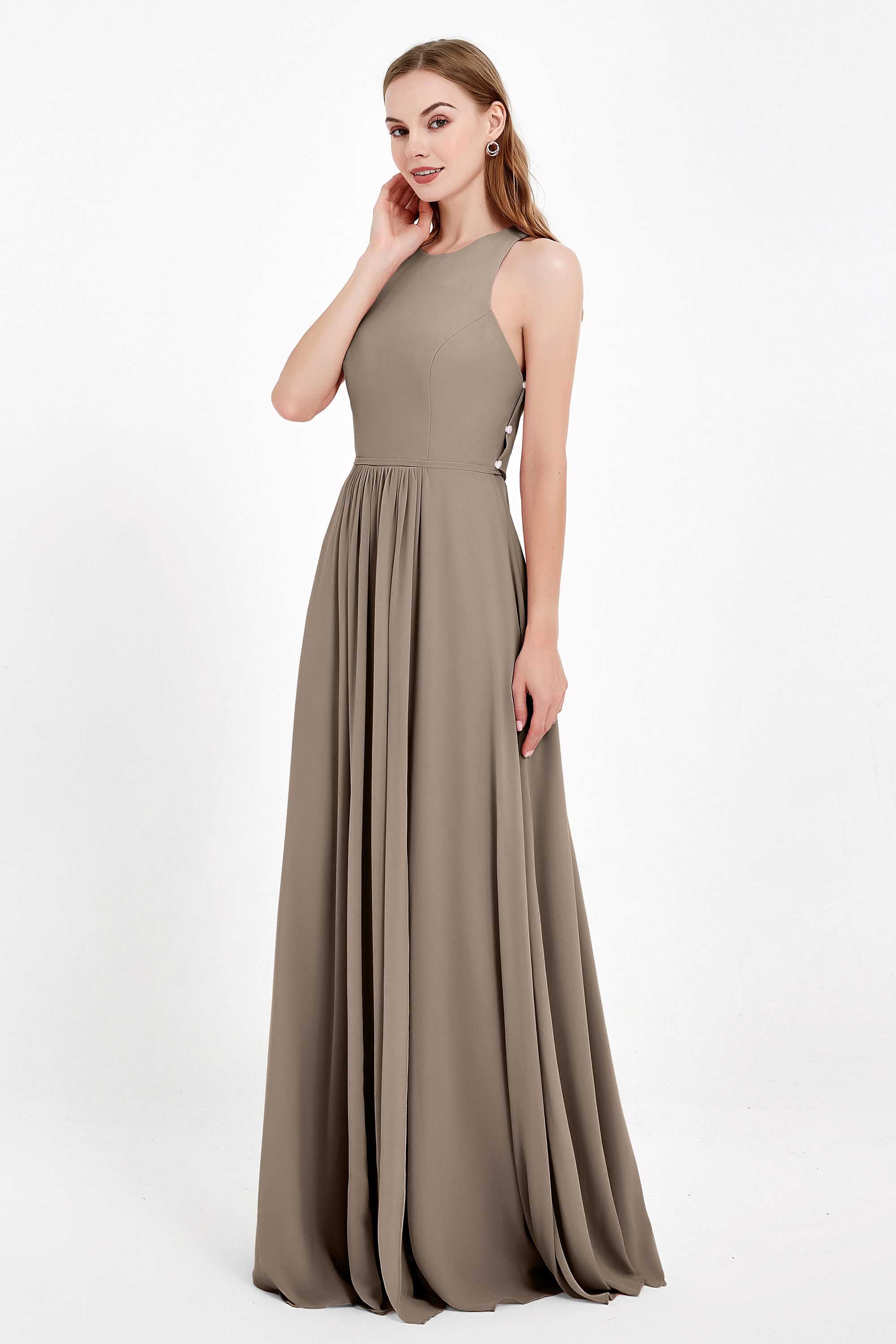 Jewel Neck Chiffon Bridesmaid Gowns Formal Evening Party Dresses A Line with Slit