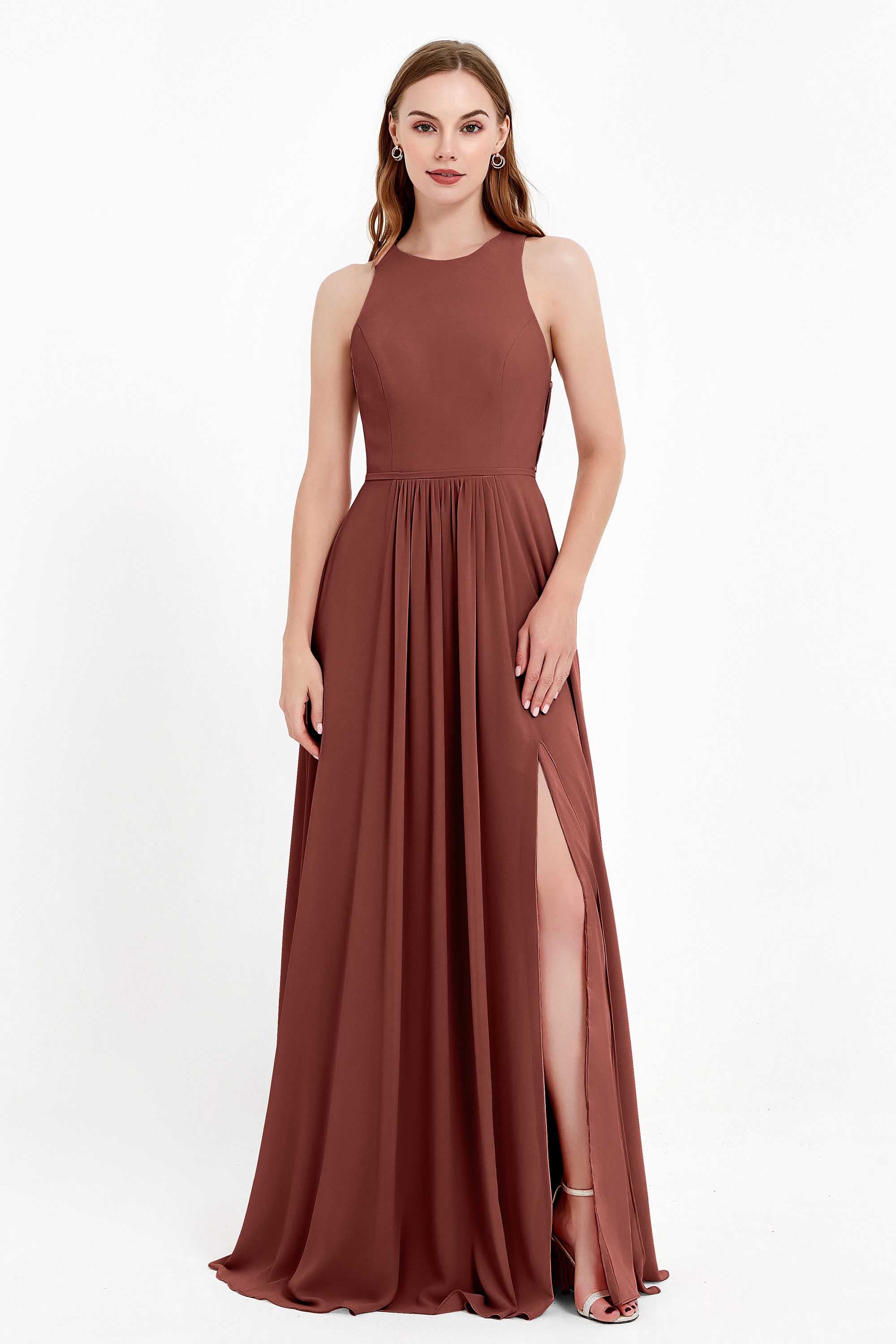 Jewel Neck Chiffon Bridesmaid Gowns Formal Evening Party Dresses A Line with Slit