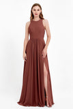 Jewel Neck Chiffon Bridesmaid Gowns Formal Evening Party Dresses A Line with Slit