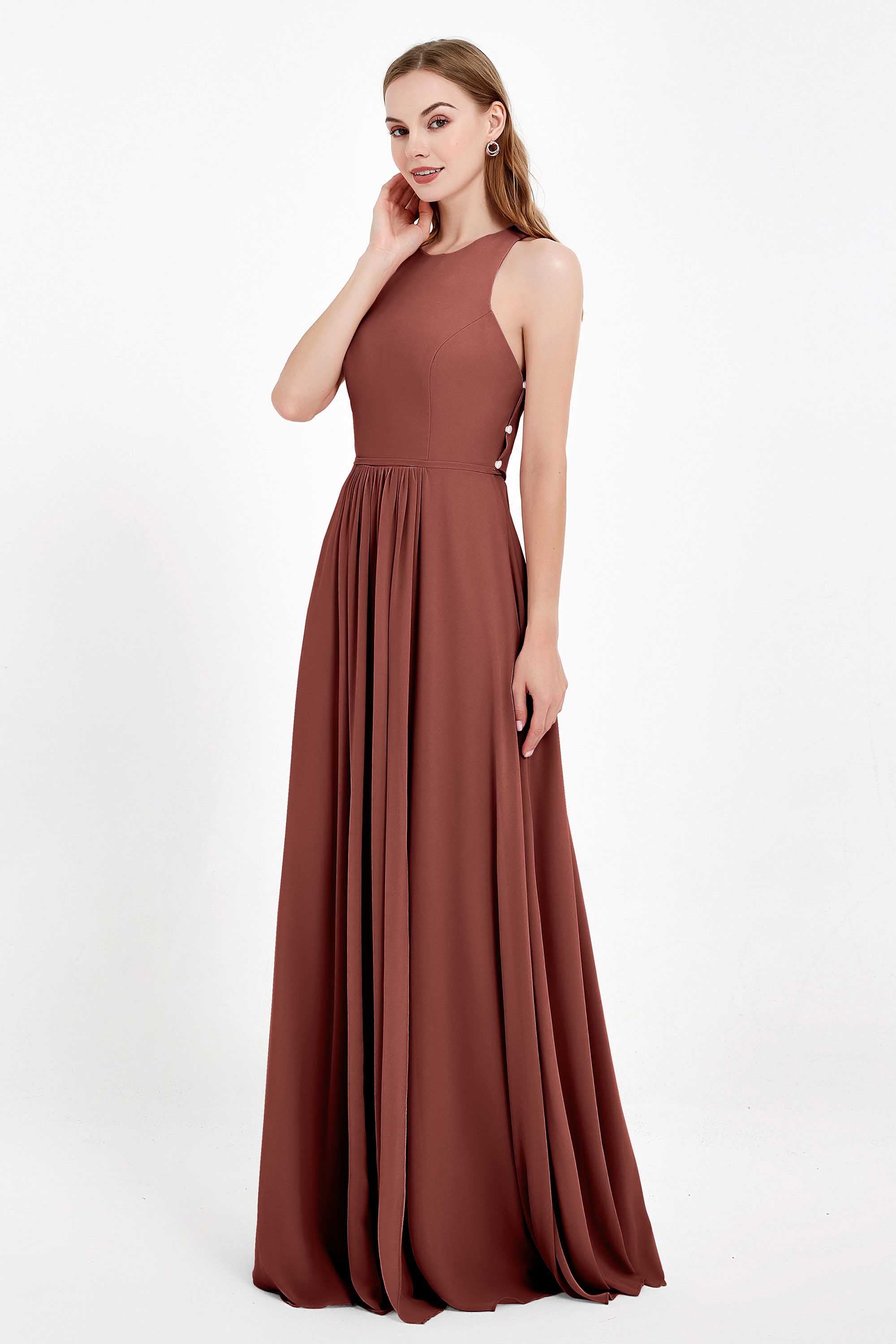 Jewel Neck Chiffon Bridesmaid Gowns Formal Evening Party Dresses A Line with Slit