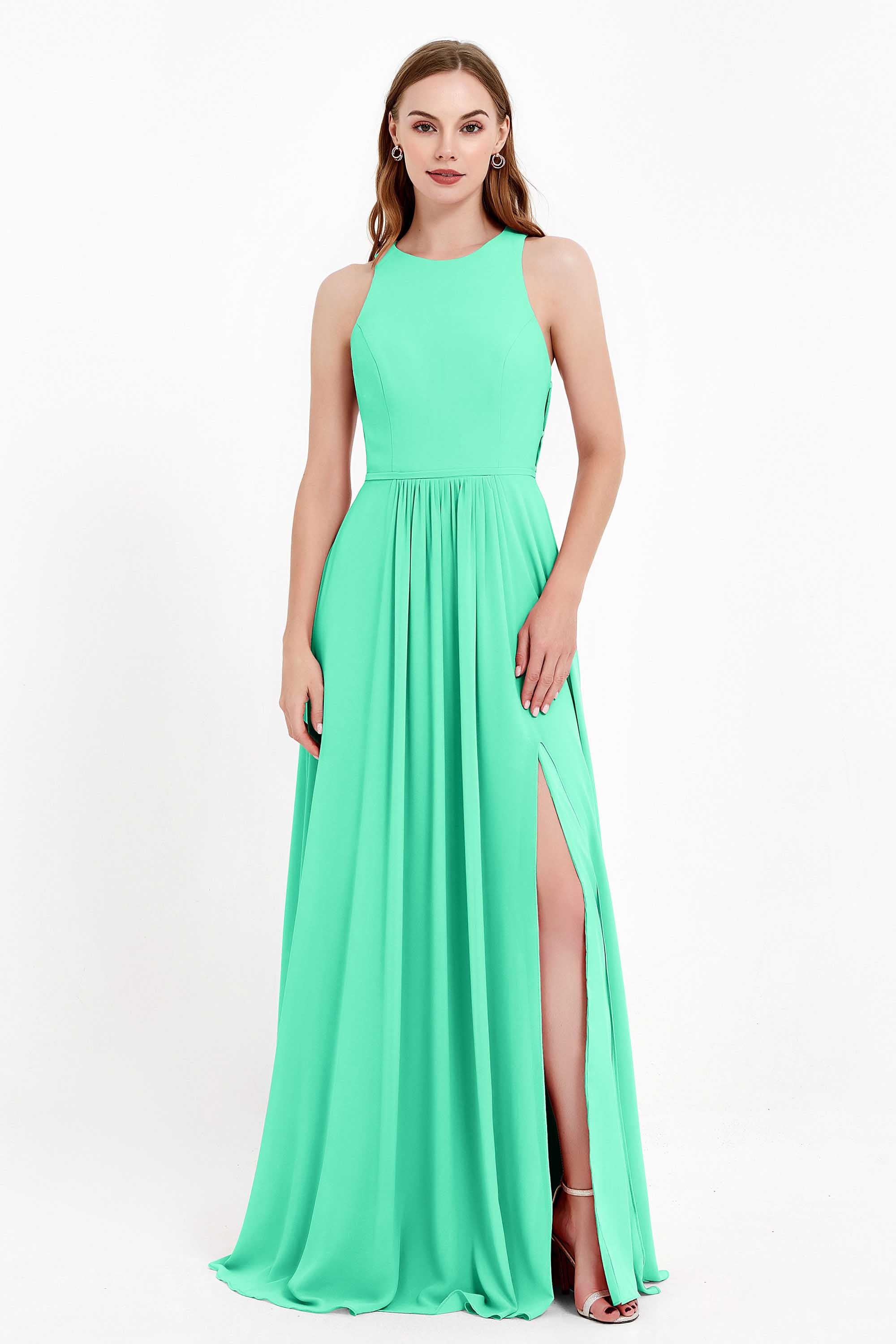 Jewel Neck Chiffon Bridesmaid Gowns Formal Evening Party Dresses A Line with Slit