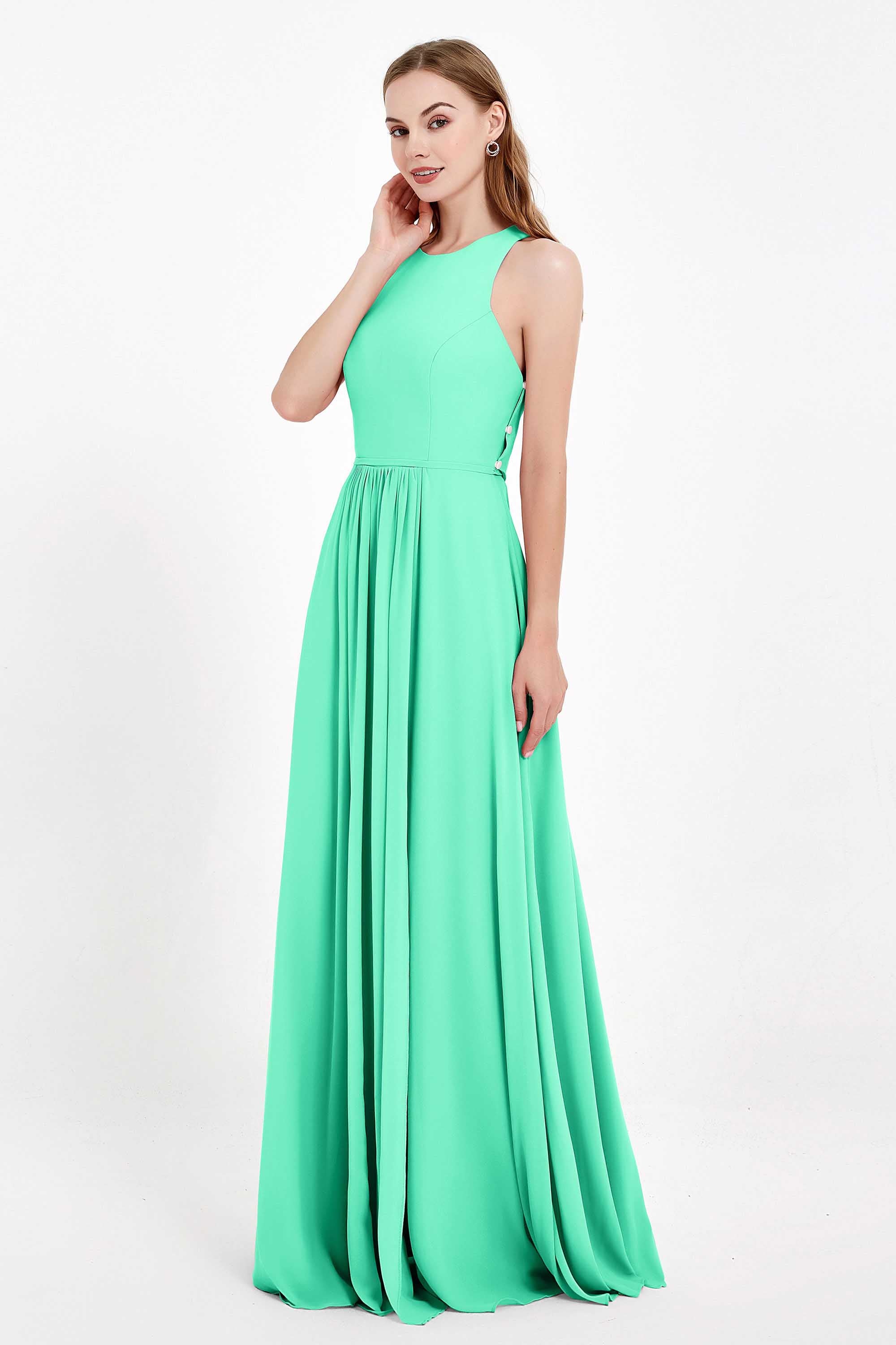 Jewel Neck Chiffon Bridesmaid Gowns Formal Evening Party Dresses A Line with Slit