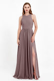 Jewel Neck Chiffon Bridesmaid Gowns Formal Evening Party Dresses A Line with Slit